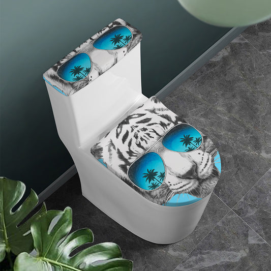 White Tiger With Sunglasses Print Toilet Lid And Tank Cover Set