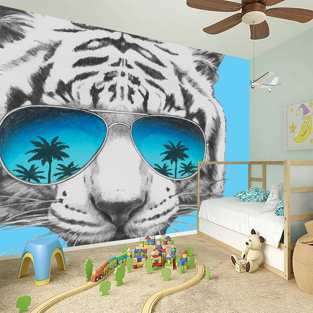 White Tiger With Sunglasses Print Wall Sticker