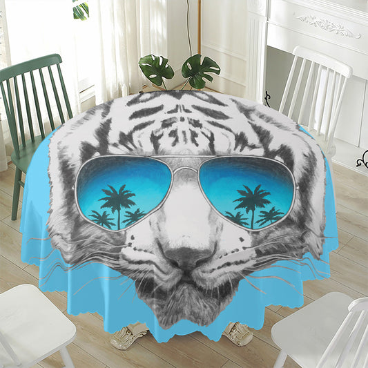 White Tiger With Sunglasses Print Waterproof Round Tablecloth