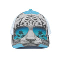 White Tiger With Sunglasses Print White Mesh Trucker Hat