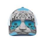 White Tiger With Sunglasses Print White Mesh Trucker Cap