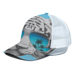White Tiger With Sunglasses Print White Mesh Trucker Cap