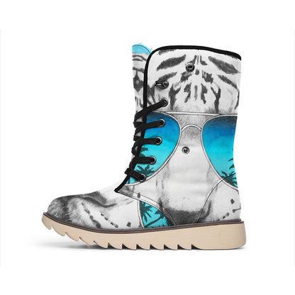 White Tiger With Sunglasses Print Winter Boots