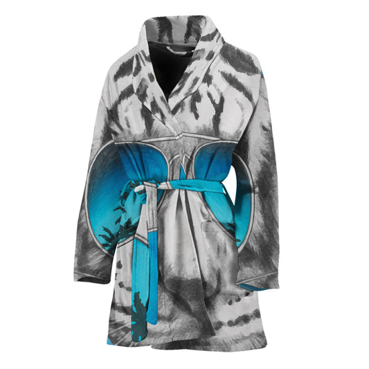White Tiger With Sunglasses Print Women's Bathrobe