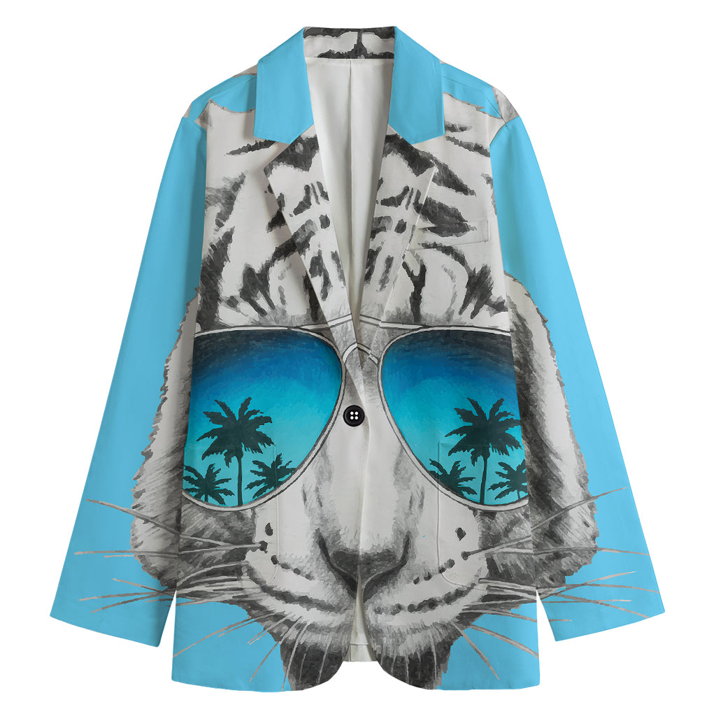 White Tiger With Sunglasses Print Women's Blazer