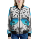 White Tiger With Sunglasses Print Women's Bomber Jacket