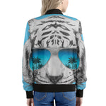 White Tiger With Sunglasses Print Women's Bomber Jacket