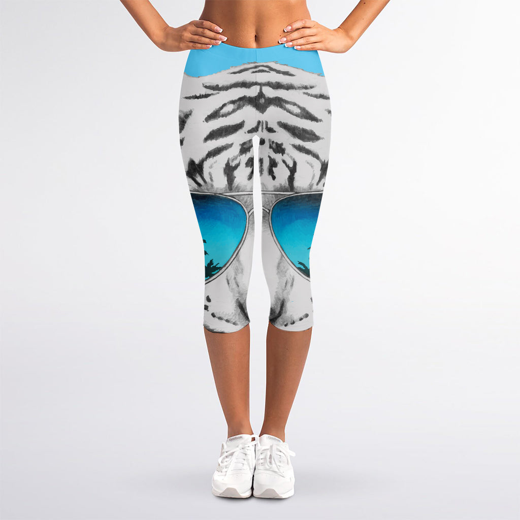 White Tiger With Sunglasses Print Women's Capri Leggings