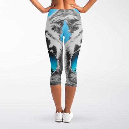 White Tiger With Sunglasses Print Women's Capri Leggings