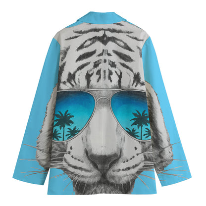 White Tiger With Sunglasses Print Women's Cotton Blazer