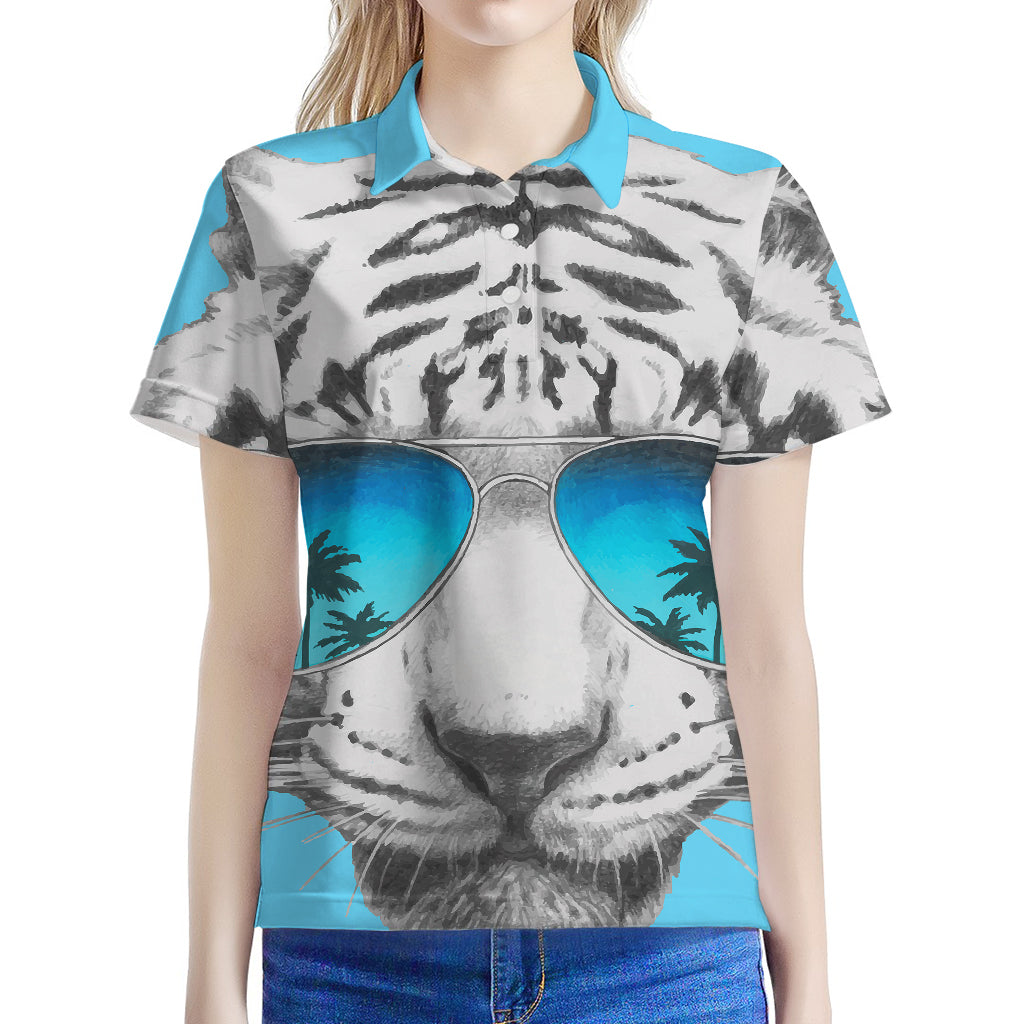 White Tiger With Sunglasses Print Women's Polo Shirt