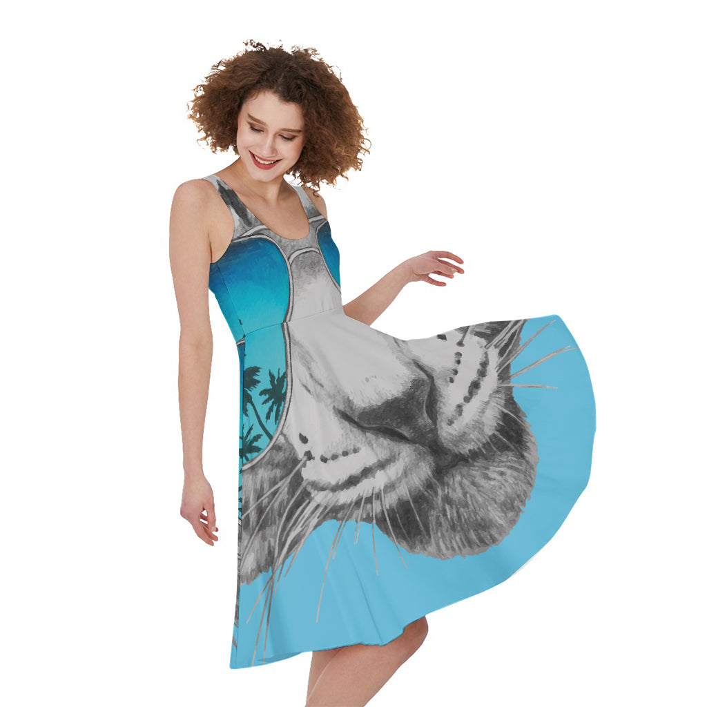 White Tiger With Sunglasses Print Women's Sleeveless Dress