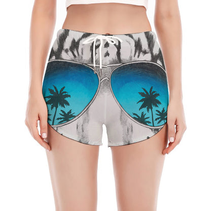 White Tiger With Sunglasses Print Women's Split Running Shorts