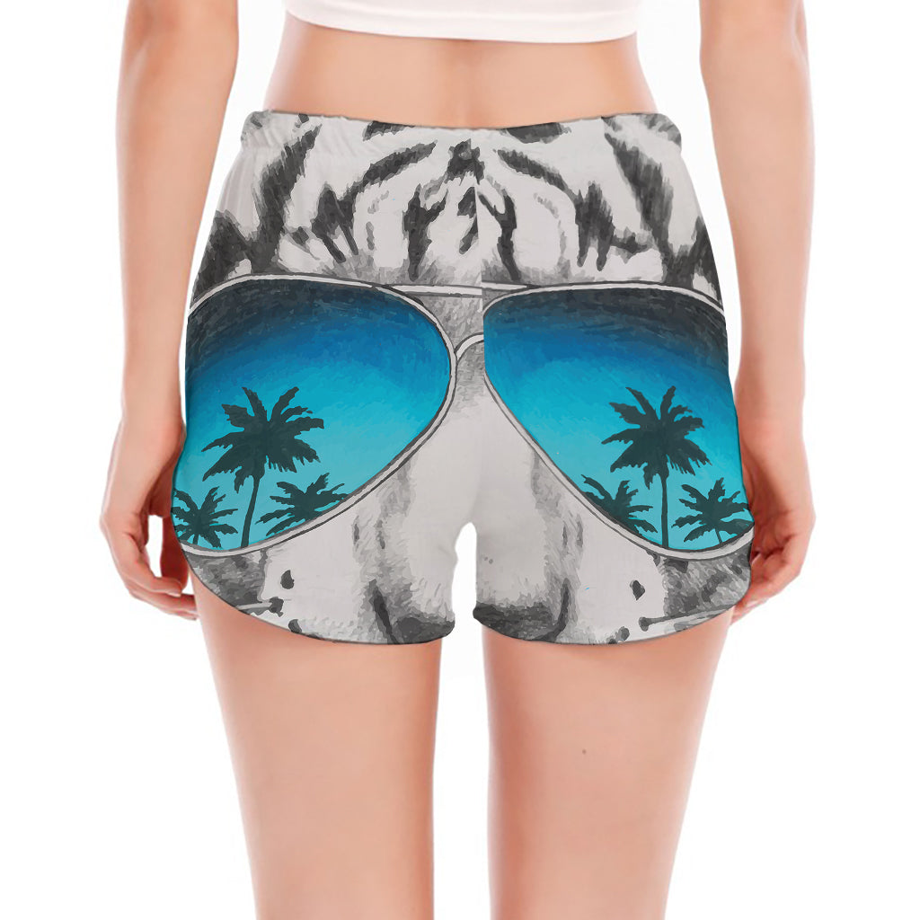White Tiger With Sunglasses Print Women's Split Running Shorts