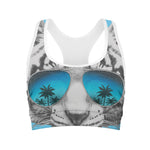 White Tiger With Sunglasses Print Women's Sports Bra