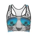 White Tiger With Sunglasses Print Women's Sports Bra