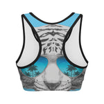 White Tiger With Sunglasses Print Women's Sports Bra