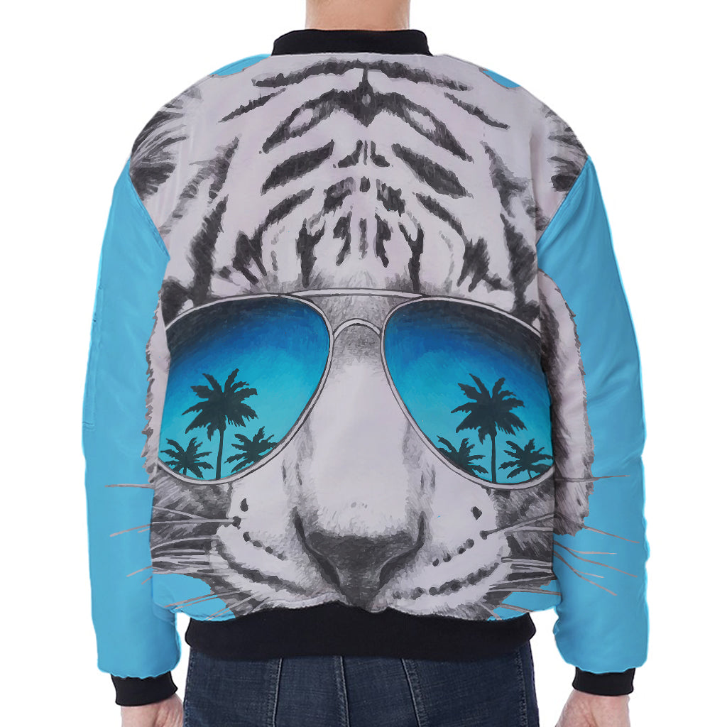 White Tiger With Sunglasses Print Zip Sleeve Bomber Jacket