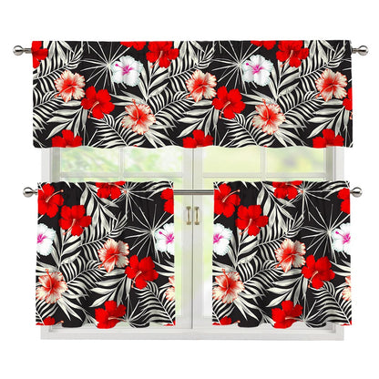 White Tropical Hibiscus Pattern Print 3 Piece Kitchen Curtains