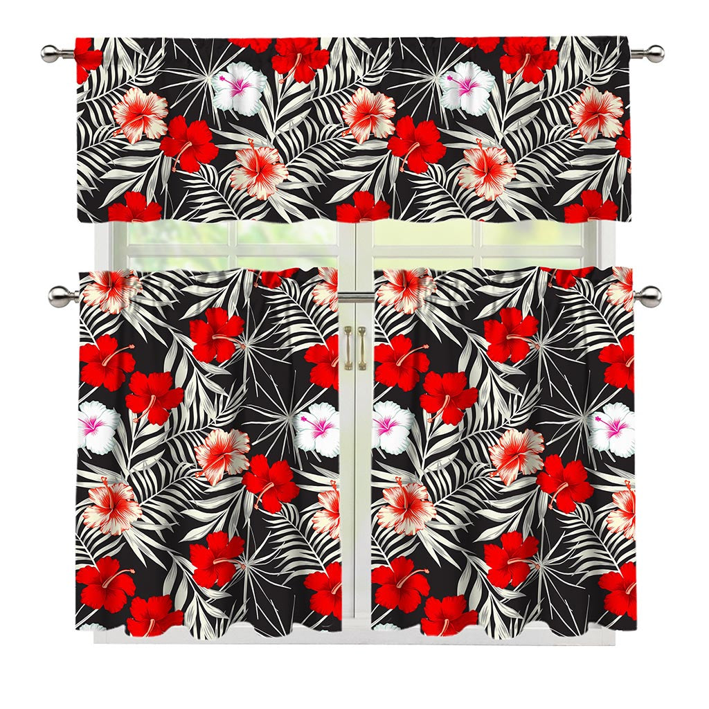 White Tropical Hibiscus Pattern Print 3 Piece Kitchen Curtains