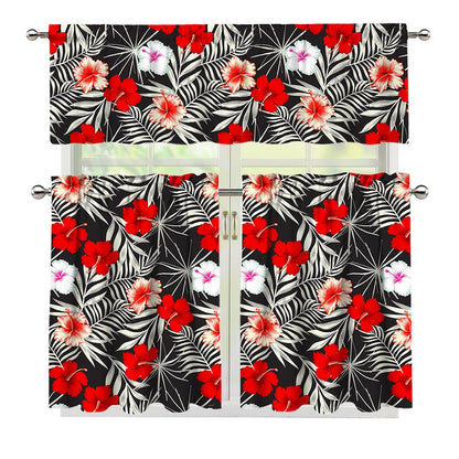 White Tropical Hibiscus Pattern Print 3 Piece Kitchen Curtains