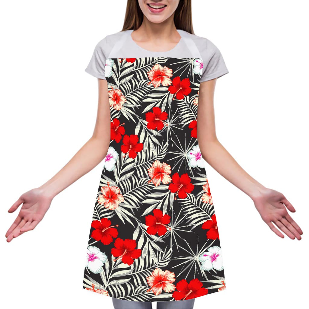 White Tropical Hibiscus Pattern Print Adjustable Apron