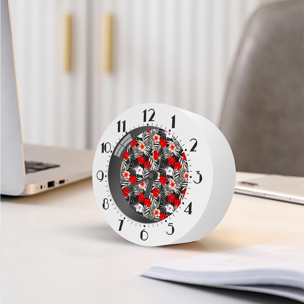 White Tropical Hibiscus Pattern Print Alarm Clock