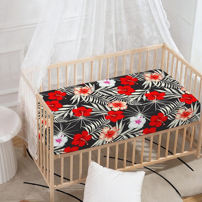 White Tropical Hibiscus Pattern Print Baby Crib Sheet