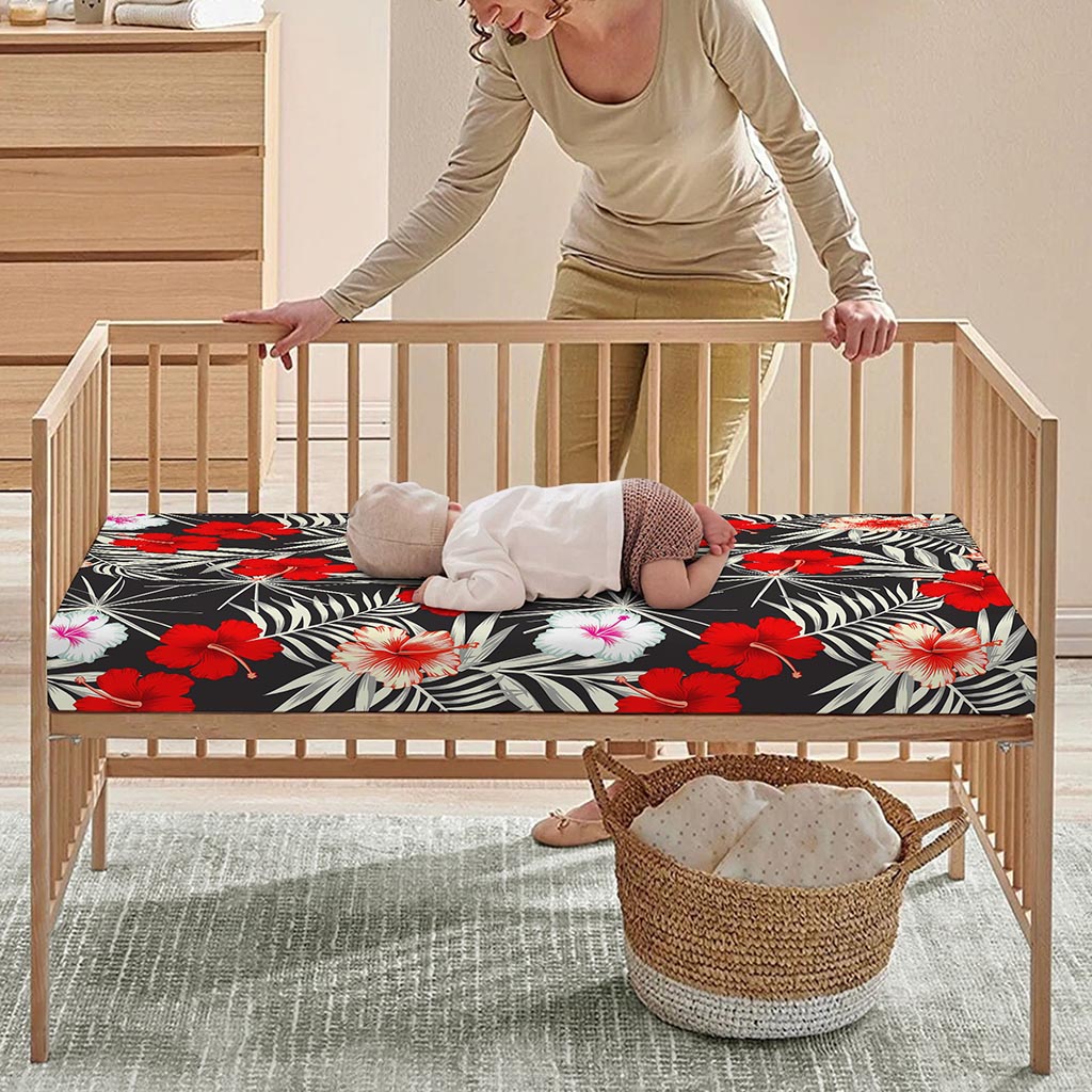 White Tropical Hibiscus Pattern Print Baby Crib Sheet