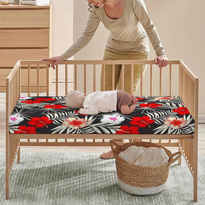 White Tropical Hibiscus Pattern Print Baby Crib Sheet