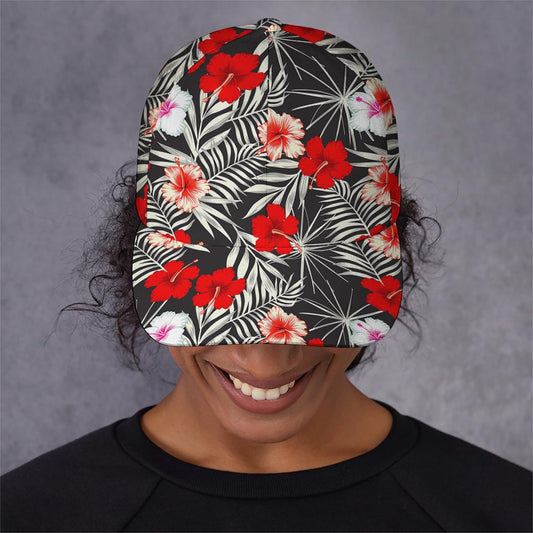 White Tropical Hibiscus Pattern Print Baseball Cap