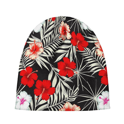 White Tropical Hibiscus Pattern Print Beanie