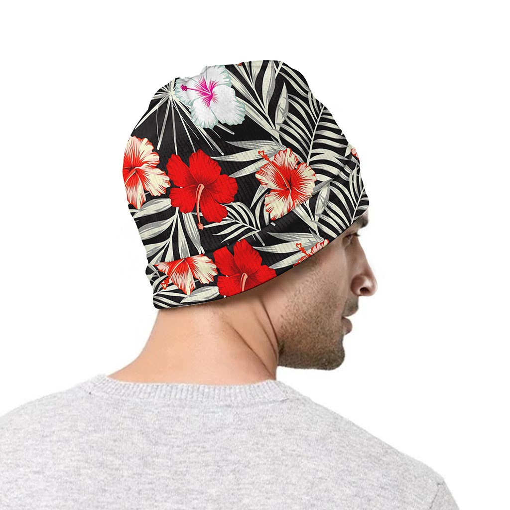 White Tropical Hibiscus Pattern Print Beanie
