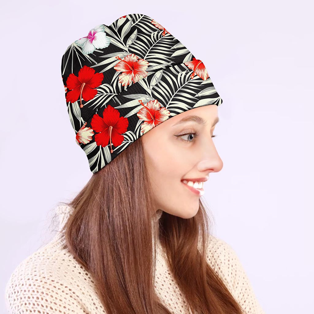 White Tropical Hibiscus Pattern Print Beanie