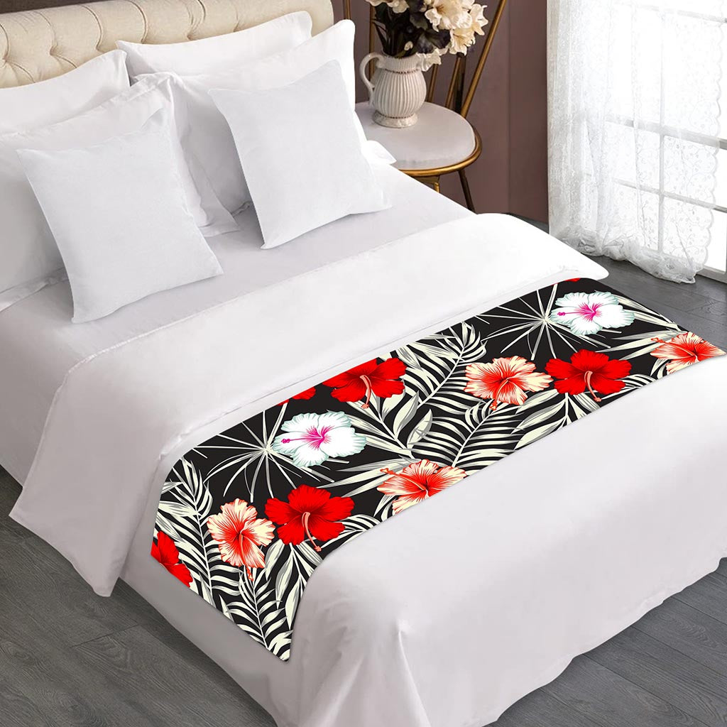 White Tropical Hibiscus Pattern Print Bed Runner