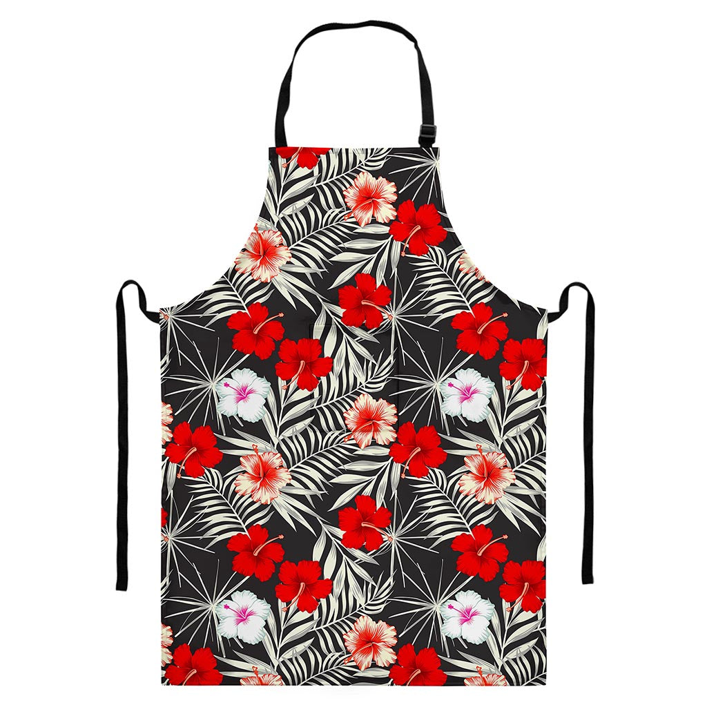White Tropical Hibiscus Pattern Print Bib Apron With Pocket