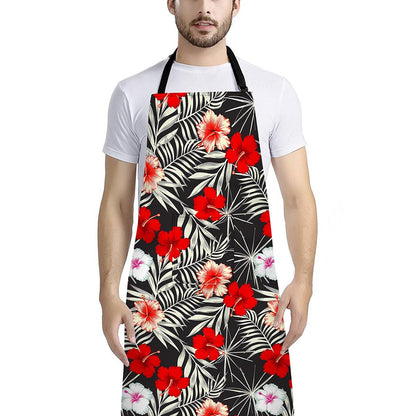 White Tropical Hibiscus Pattern Print Bib Apron With Pocket