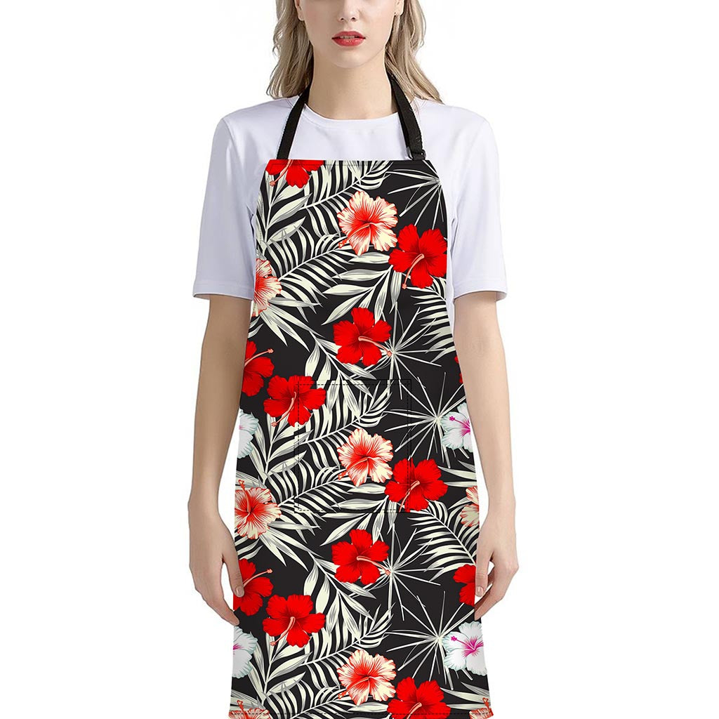 White Tropical Hibiscus Pattern Print Bib Apron With Pocket