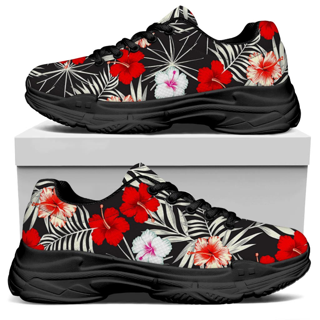 White Tropical Hibiscus Pattern Print Black Chunky Shoes
