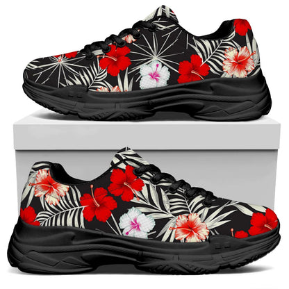 White Tropical Hibiscus Pattern Print Black Chunky Shoes