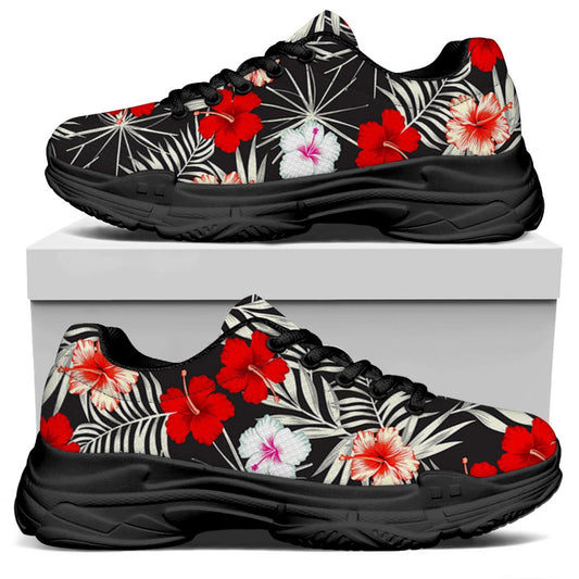 White Tropical Hibiscus Pattern Print Black Chunky Shoes