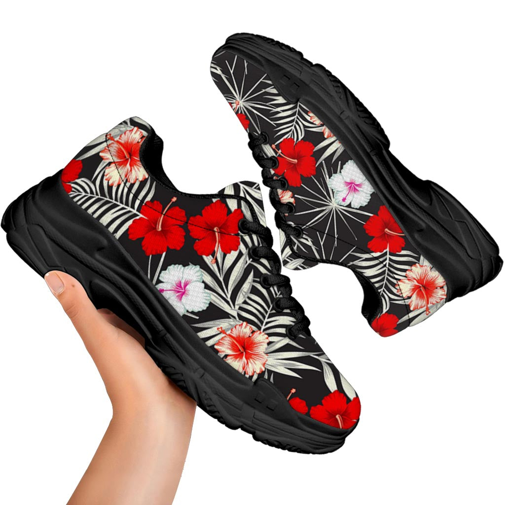 White Tropical Hibiscus Pattern Print Black Chunky Shoes