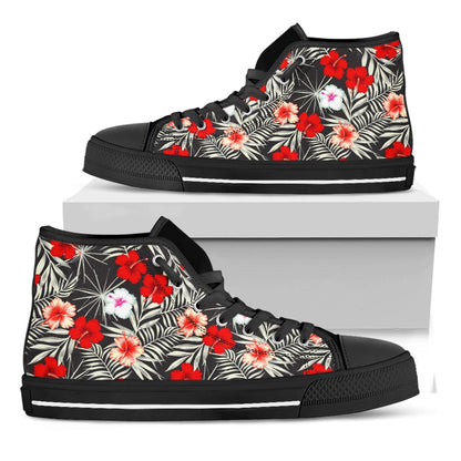White Tropical Hibiscus Pattern Print Black High Top Sneakers