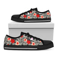 White Tropical Hibiscus Pattern Print Black Low Top Sneakers