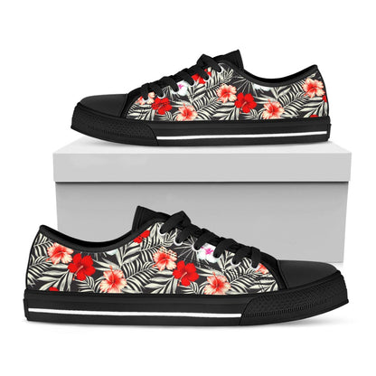 White Tropical Hibiscus Pattern Print Black Low Top Sneakers