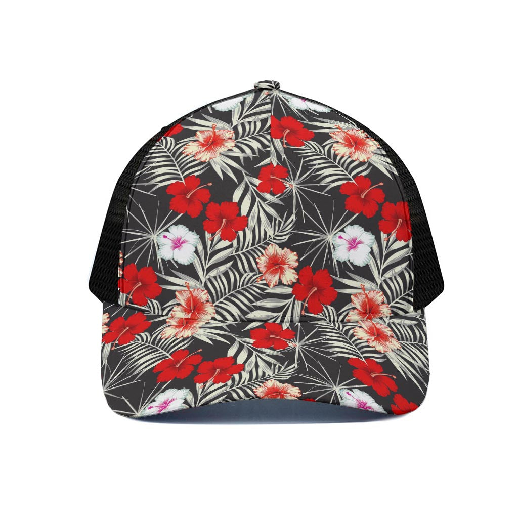 White Tropical Hibiscus Pattern Print Black Mesh Trucker Cap