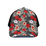 White Tropical Hibiscus Pattern Print Black Mesh Trucker Cap