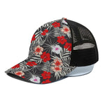 White Tropical Hibiscus Pattern Print Black Mesh Trucker Cap
