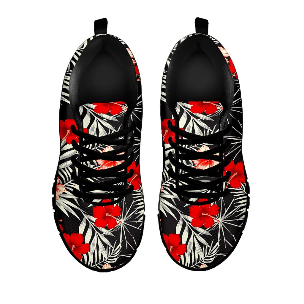 White Tropical Hibiscus Pattern Print Black Running Shoes