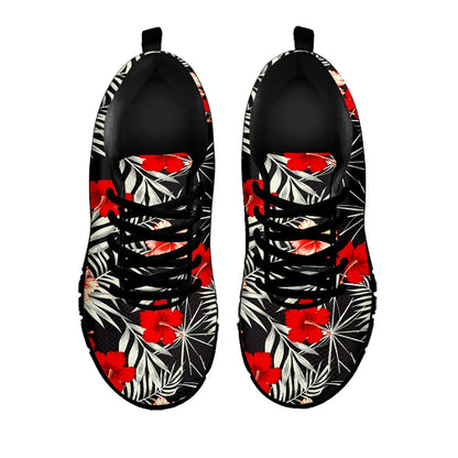 White Tropical Hibiscus Pattern Print Black Running Shoes
